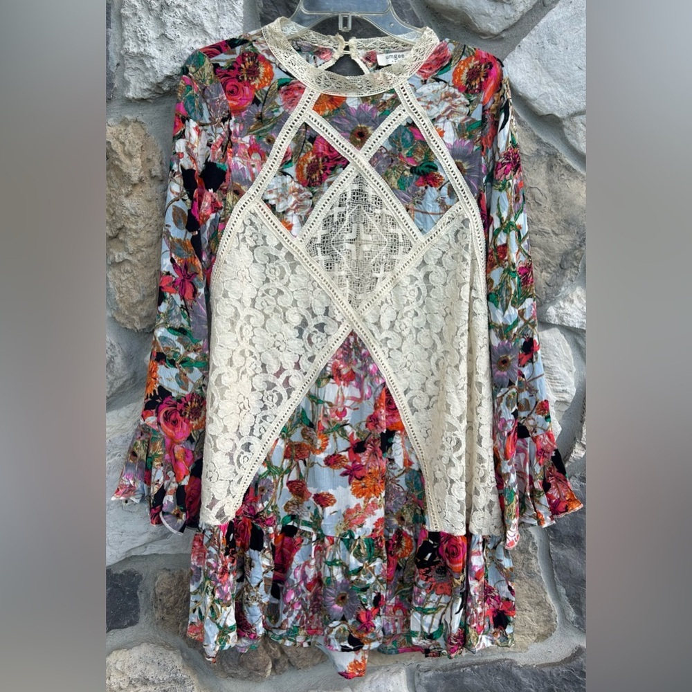 Umgee Blouse Sz S Boho Embroidered Lace Mixed Media Festival Hippie Gypsy Floral